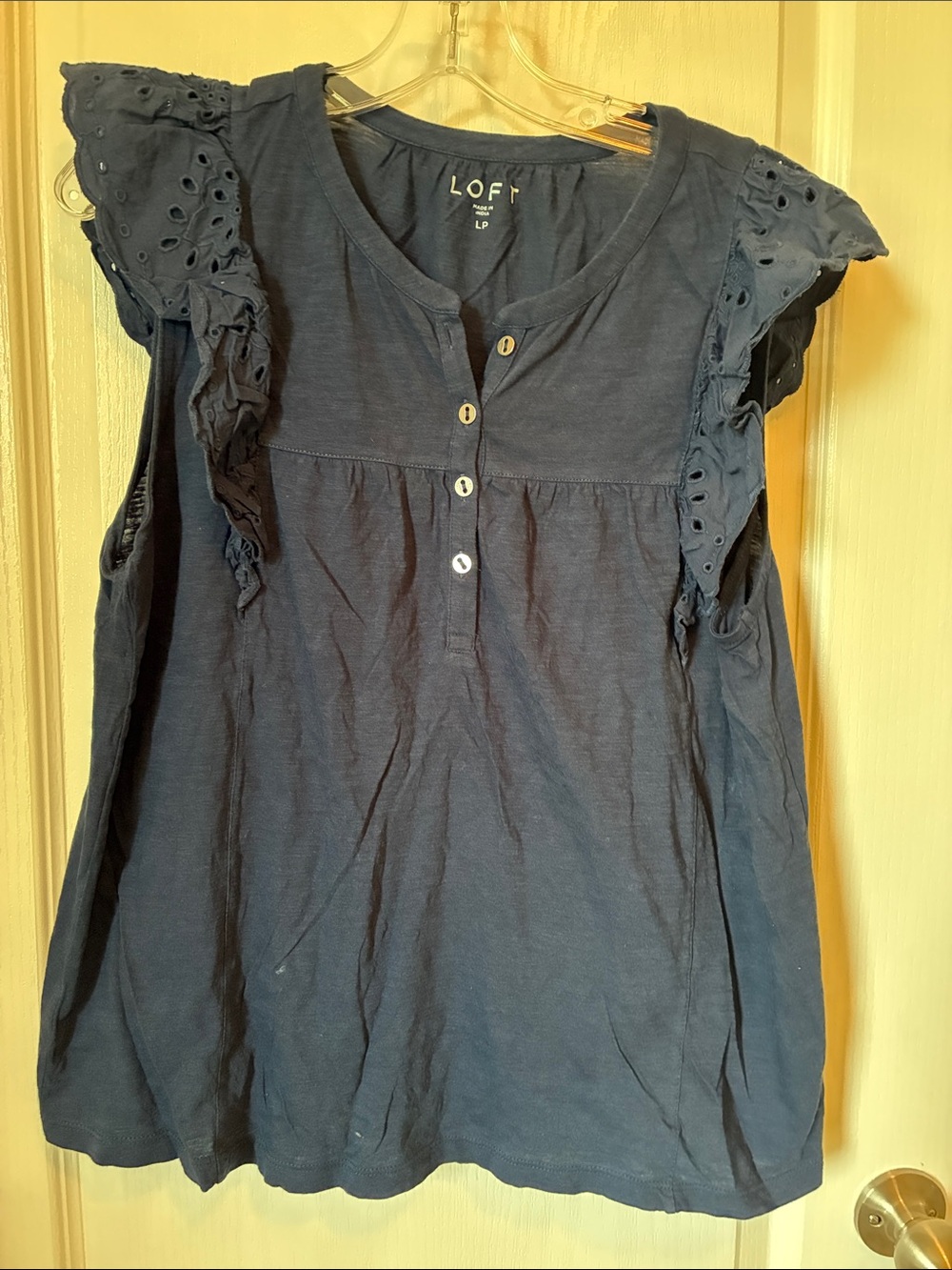 LOFT Navy Eyelet Flutter Sleeve Henley Blouse